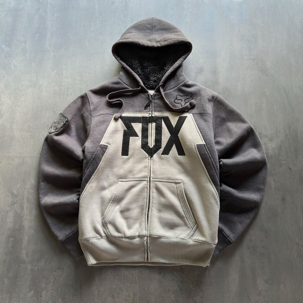 Fox Racing Sasquatch Sherpa Lined Zip Hoodie Mens M Gray Full Zip Y2K Moto